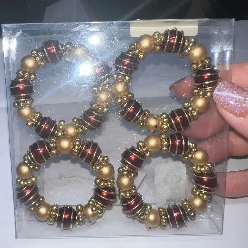 Set of Four Gold and Red Beaded Napkin Holders